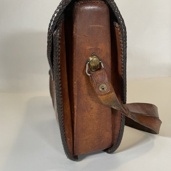 Vintage Tooled Leather Crossbody Bag Brown Boho Floral Embossed Flap Turn Lock - Picture 7 of 10